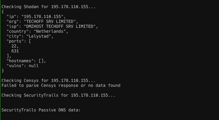 Shodan output for 195.178.110.155 with ports 22 and 631, followed by failed Censys and empty SecurityTrails output