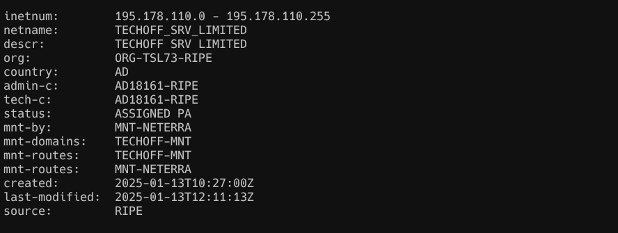 WHOIS/RDAP output for 195.178.110.155 showing TECHOFF_SRV_LIMITED, AS48090, and the allocation date