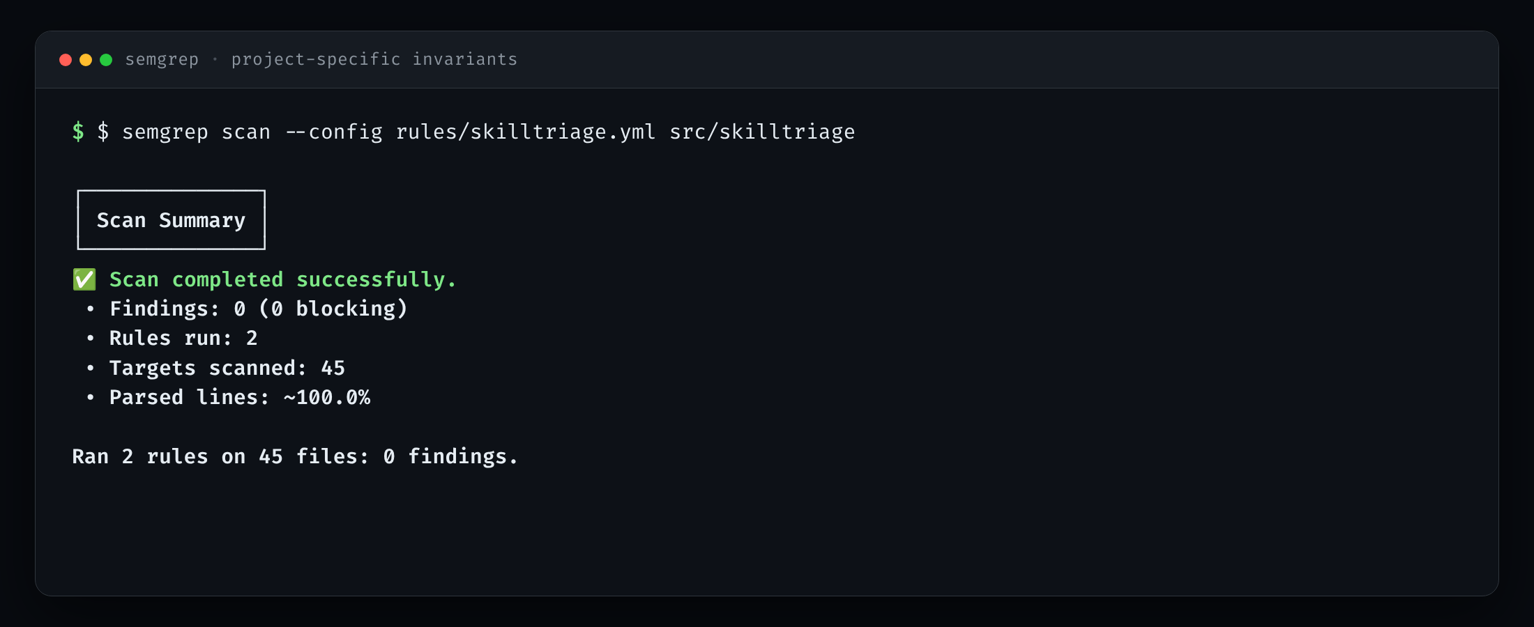 Semgrep output: two rules run on 45 files, zero findings, listing the two project-specific rule names.